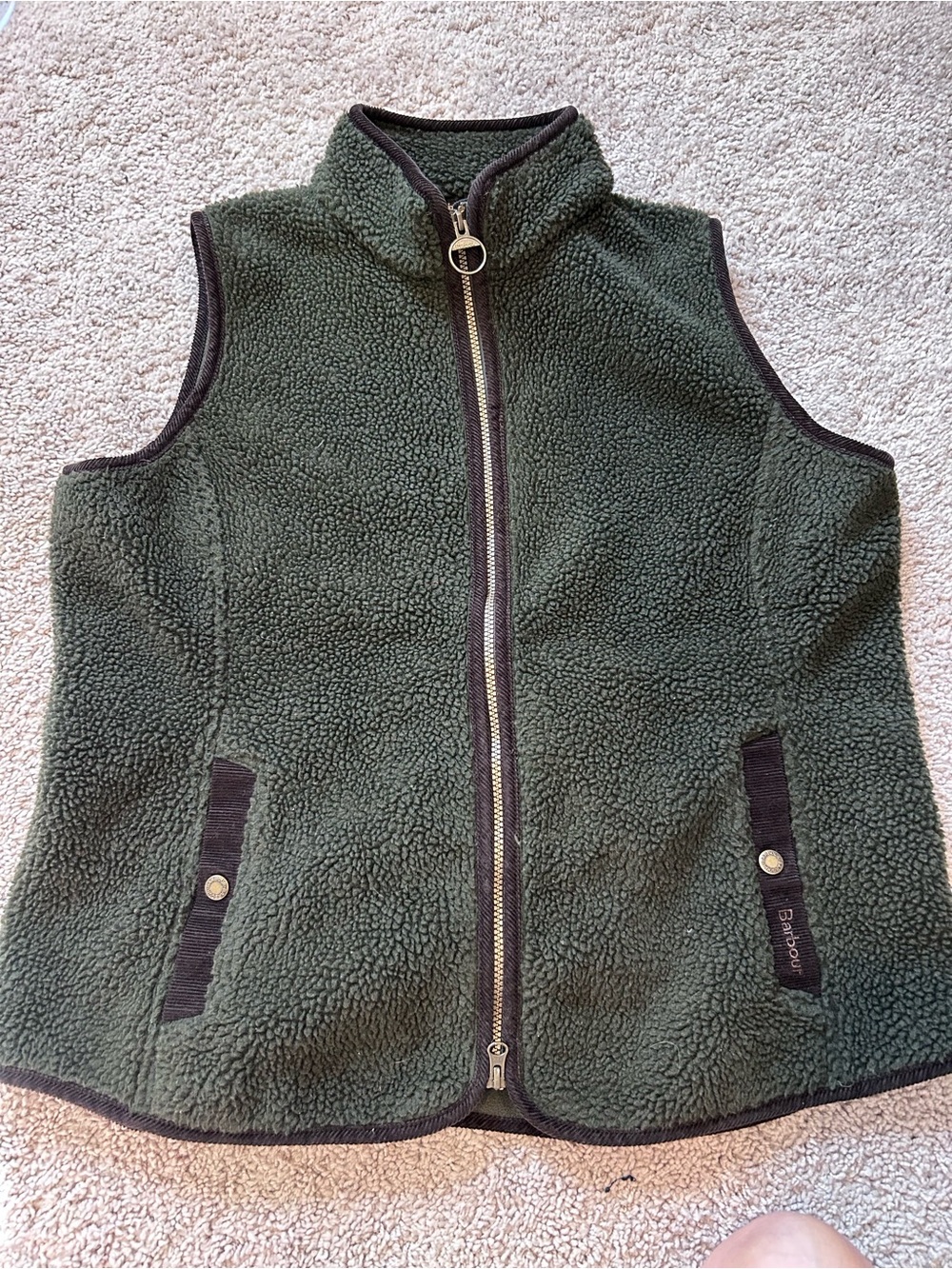 Barbour Dark Green Sherpa Fleece Vest with Contrast corduroy Trim women’s 14
